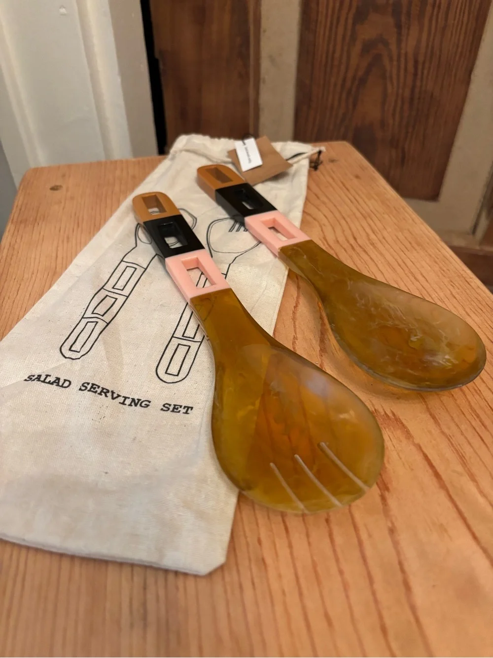 Amber Resin Salad Serving Set with Pink & Black Accents